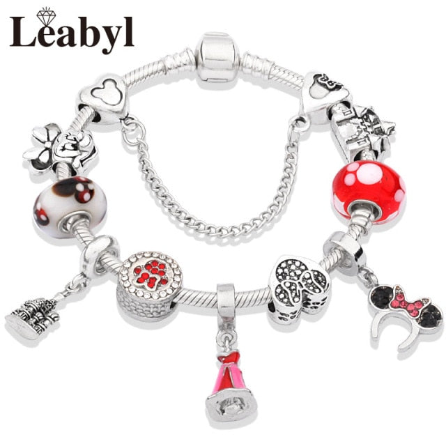2020 Classic Design Red Crystal Mickey Minnie Pendant Bead Bracelet Silver Color Heart Charm Jewelry Bracelet Pulsera Mujer