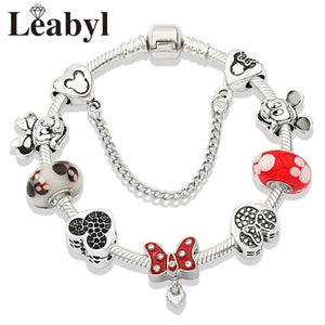 2020 Classic Design Red Crystal Mickey Minnie Pendant Bead Bracelet Silver Color Heart Charm Jewelry Bracelet Pulsera Mujer