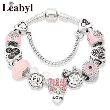 2020 Classic Design Red Crystal Mickey Minnie Pendant Bead Bracelet Silver Color Heart Charm Jewelry Bracelet Pulsera Mujer