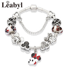 2020 Classic Design Red Crystal Mickey Minnie Pendant Bead Bracelet Silver Color Heart Charm Jewelry Bracelet Pulsera Mujer