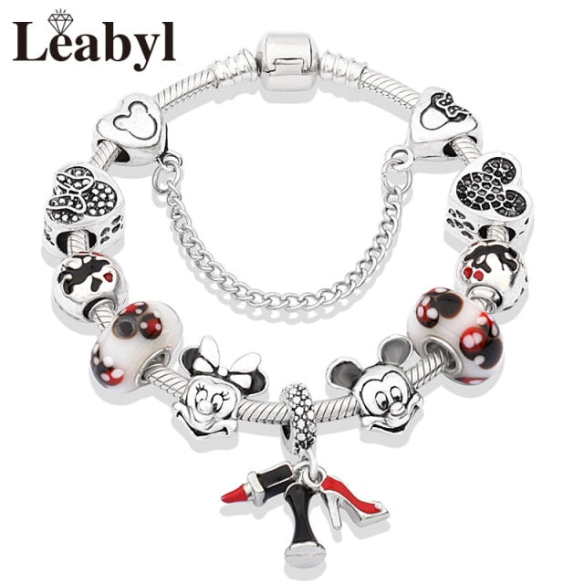 2020 Classic Design Red Crystal Mickey Minnie Pendant Bead Bracelet Silver Color Heart Charm Jewelry Bracelet Pulsera Mujer