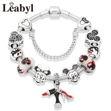 2020 Classic Design Red Crystal Mickey Minnie Pendant Bead Bracelet Silver Color Heart Charm Jewelry Bracelet Pulsera Mujer