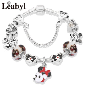 2020 Classic Design Red Crystal Mickey Minnie Pendant Bead Bracelet Silver Color Heart Charm Jewelry Bracelet Pulsera Mujer