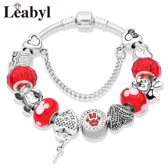 2020 Classic Design Red Crystal Mickey Minnie Pendant Bead Bracelet Silver Color Heart Charm Jewelry Bracelet Pulsera Mujer