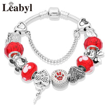 2020 Classic Design Red Crystal Mickey Minnie Pendant Bead Bracelet Silver Color Heart Charm Jewelry Bracelet Pulsera Mujer