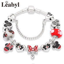 2020 Classic Design Red Crystal Mickey Minnie Pendant Bead Bracelet Silver Color Heart Charm Jewelry Bracelet Pulsera Mujer