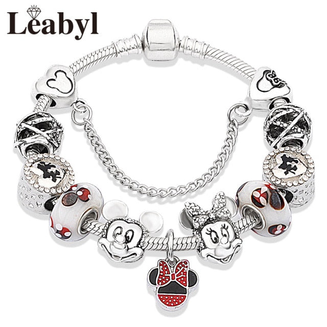 2020 Classic Design Red Crystal Mickey Minnie Pendant Bead Bracelet Silver Color Heart Charm Jewelry Bracelet Pulsera Mujer