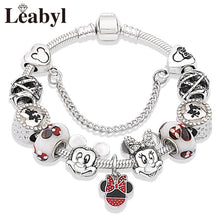 2020 Classic Design Red Crystal Mickey Minnie Pendant Bead Bracelet Silver Color Heart Charm Jewelry Bracelet Pulsera Mujer