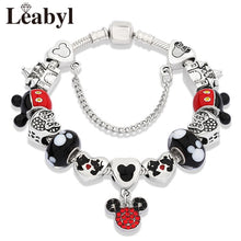 2020 Classic Design Red Crystal Mickey Minnie Pendant Bead Bracelet Silver Color Heart Charm Jewelry Bracelet Pulsera Mujer