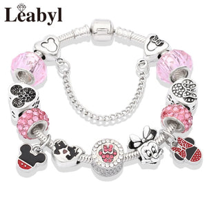 2020 Classic Design Red Crystal Mickey Minnie Pendant Bead Bracelet Silver Color Heart Charm Jewelry Bracelet Pulsera Mujer