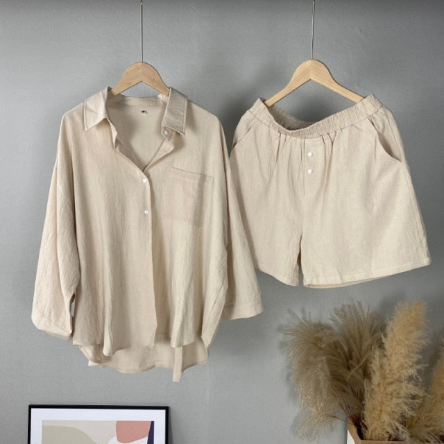 Msfancy Summer Two Piece Set Women 2021 Cotton Shorts Sets Vintage Boho Oversized Shirt High Waist Loose Shorts Mujer Sets