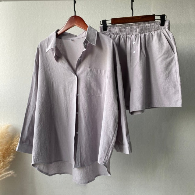 Msfancy Summer Two Piece Set Women 2021 Cotton Shorts Sets Vintage Boho Oversized Shirt High Waist Loose Shorts Mujer Sets