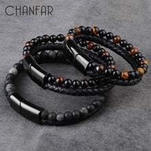 Natural Stone Bracelets Genuine Leather Braided Bracelet Black Stainless Steel Magnetic Clasp Tiger eye Bead Bangles Men Jewelry