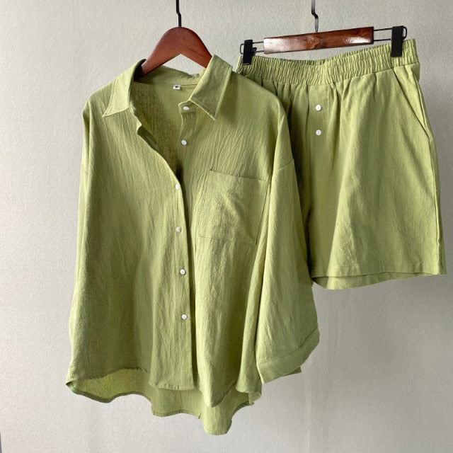 Msfancy Summer Two Piece Set Women 2021 Cotton Shorts Sets Vintage Boho Oversized Shirt High Waist Loose Shorts Mujer Sets