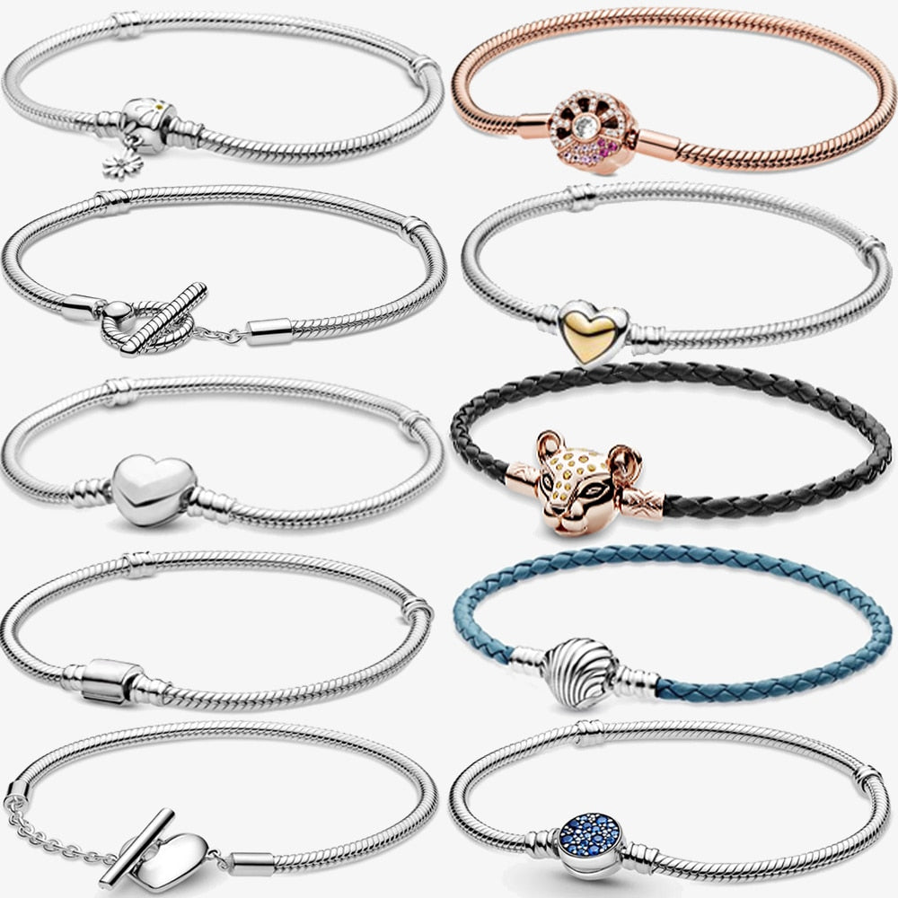 Charms 925 Sterling Solid Silver Bracelet Heart T-Bar Cuff Chain Sparkling Blue Disc Clasp Snake Chain Bracelet Women Jewelry