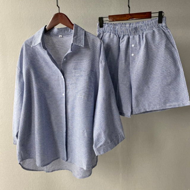 Msfancy Summer Two Piece Set Women 2021 Cotton Shorts Sets Vintage Boho Oversized Shirt High Waist Loose Shorts Mujer Sets