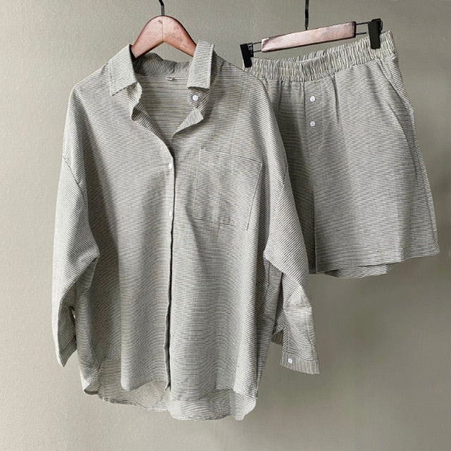 Msfancy Summer Two Piece Set Women 2021 Cotton Shorts Sets Vintage Boho Oversized Shirt High Waist Loose Shorts Mujer Sets