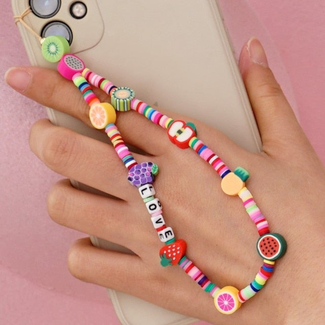 Shinus Phone Chain Lanyard Beads Mobile Phone Heishi Disc Crystal Beaded Cell Phone Chains 2021 LOVE Letter String Wristband