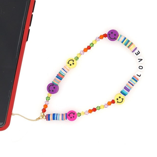 Shinus Phone Chain Lanyard Beads Mobile Phone Heishi Disc Crystal Beaded Cell Phone Chains 2021 LOVE Letter String Wristband