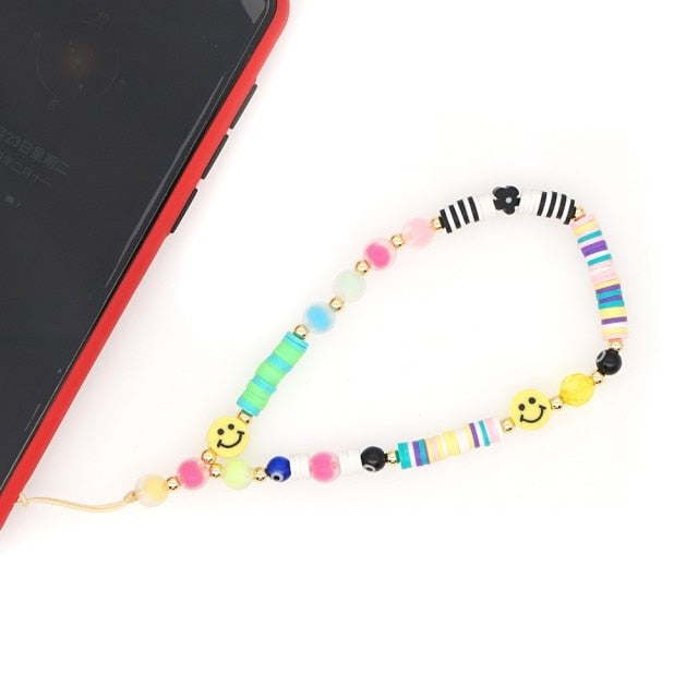 Shinus Phone Chain Lanyard Beads Mobile Phone Heishi Disc Crystal Beaded Cell Phone Chains 2021 LOVE Letter String Wristband