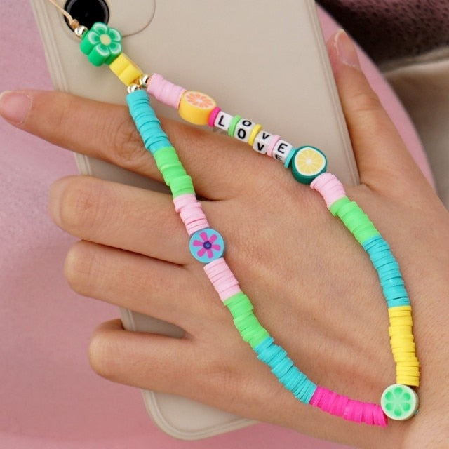 Shinus Phone Chain Lanyard Beads Mobile Phone Heishi Disc Crystal Beaded Cell Phone Chains 2021 LOVE Letter String Wristband
