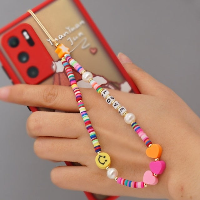 Shinus Phone Chain Lanyard Beads Mobile Phone Heishi Disc Crystal Beaded Cell Phone Chains 2021 LOVE Letter String Wristband