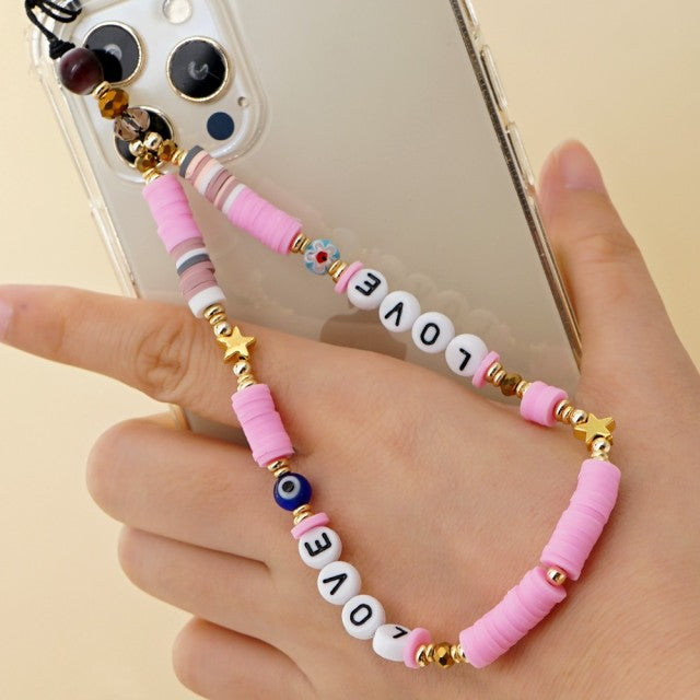 Shinus Phone Chain Lanyard Beads Mobile Phone Heishi Disc Crystal Beaded Cell Phone Chains 2021 LOVE Letter String Wristband