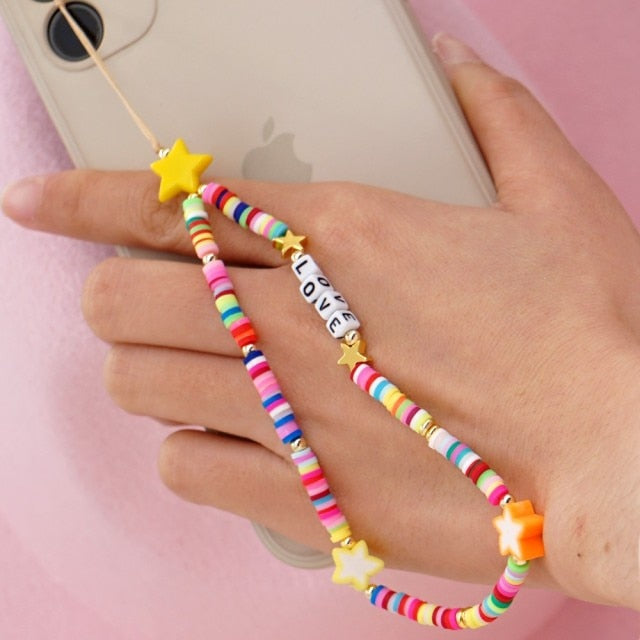 Shinus Phone Chain Lanyard Beads Mobile Phone Heishi Disc Crystal Beaded Cell Phone Chains 2021 LOVE Letter String Wristband