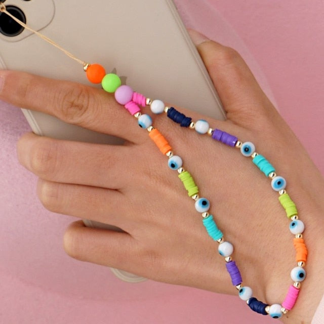 Shinus Phone Chain Lanyard Beads Mobile Phone Heishi Disc Crystal Beaded Cell Phone Chains 2021 LOVE Letter String Wristband