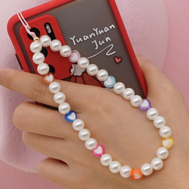 Shinus Phone Chain Lanyard Beads Mobile Phone Heishi Disc Crystal Beaded Cell Phone Chains 2021 LOVE Letter String Wristband