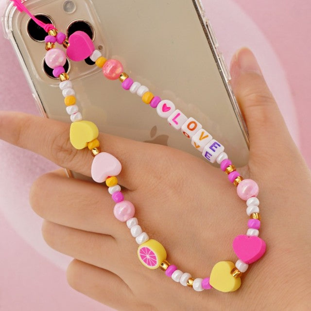 Shinus Phone Chain Lanyard Beads Mobile Phone Heishi Disc Crystal Beaded Cell Phone Chains 2021 LOVE Letter String Wristband