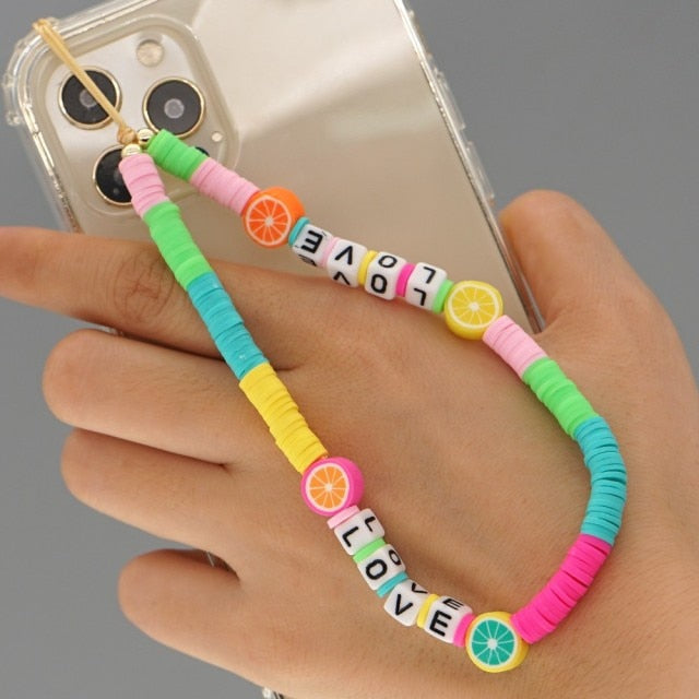 Shinus Phone Chain Lanyard Beads Mobile Phone Heishi Disc Crystal Beaded Cell Phone Chains 2021 LOVE Letter String Wristband