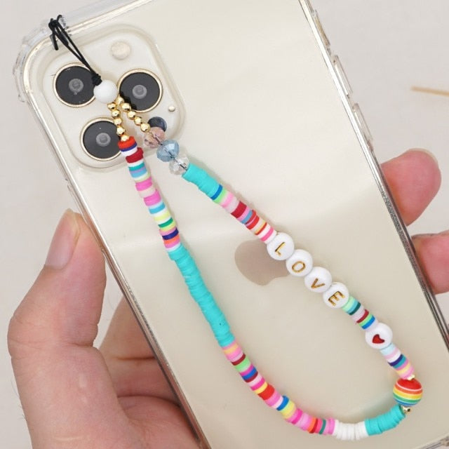 Shinus Phone Chain Lanyard Beads Mobile Phone Heishi Disc Crystal Beaded Cell Phone Chains 2021 LOVE Letter String Wristband