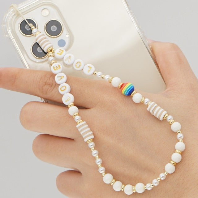 Shinus Phone Chain Lanyard Beads Mobile Phone Heishi Disc Crystal Beaded Cell Phone Chains 2021 LOVE Letter String Wristband