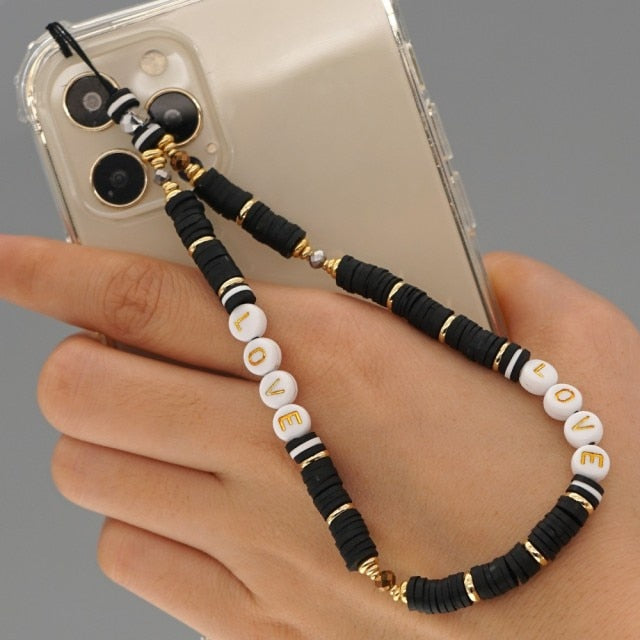 Shinus Phone Chain Lanyard Beads Mobile Phone Heishi Disc Crystal Beaded Cell Phone Chains 2021 LOVE Letter String Wristband