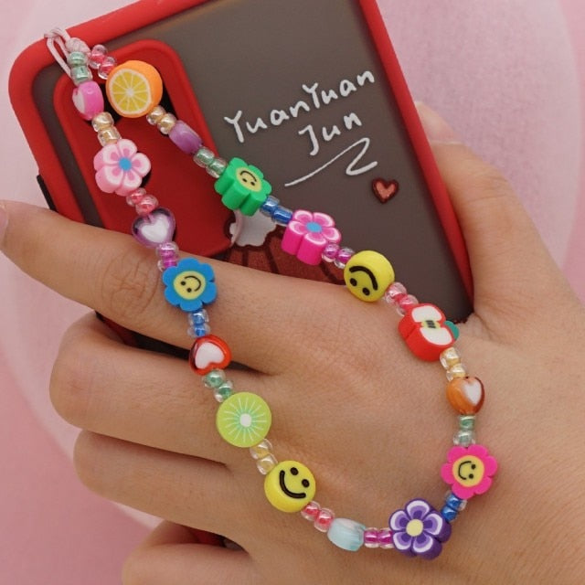 Shinus Phone Chain Lanyard Beads Mobile Phone Heishi Disc Crystal Beaded Cell Phone Chains 2021 LOVE Letter String Wristband