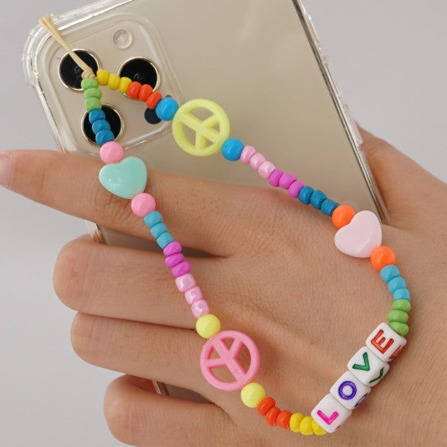 Shinus Phone Chain Lanyard Beads Mobile Phone Heishi Disc Crystal Beaded Cell Phone Chains 2021 LOVE Letter String Wristband