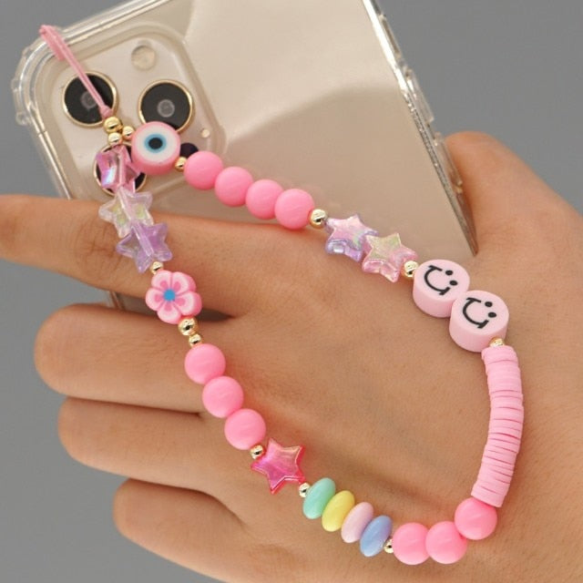 Shinus Phone Chain Lanyard Beads Mobile Phone Heishi Disc Crystal Beaded Cell Phone Chains 2021 LOVE Letter String Wristband