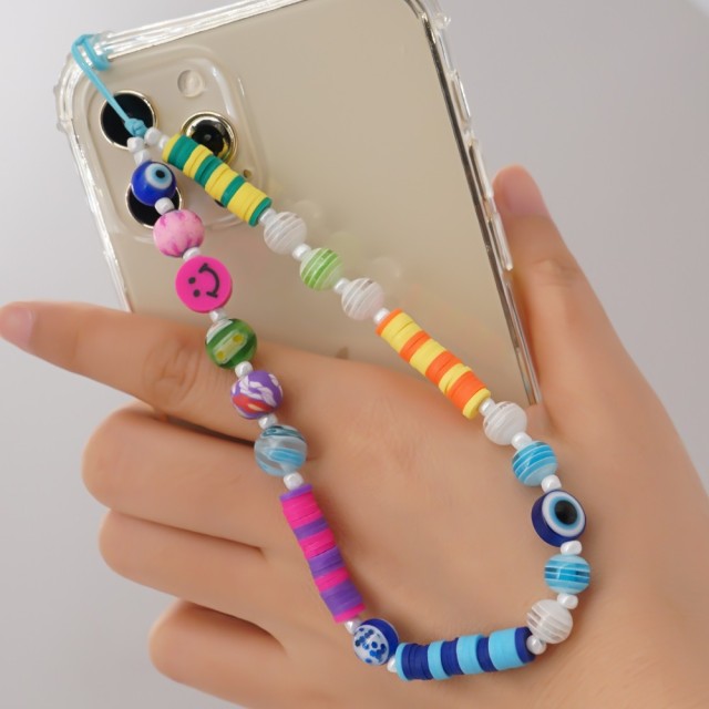 Shinus Phone Chain Lanyard Beads Mobile Phone Heishi Disc Crystal Beaded Cell Phone Chains 2021 LOVE Letter String Wristband