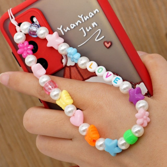 Shinus Phone Chain Lanyard Beads Mobile Phone Heishi Disc Crystal Beaded Cell Phone Chains 2021 LOVE Letter String Wristband