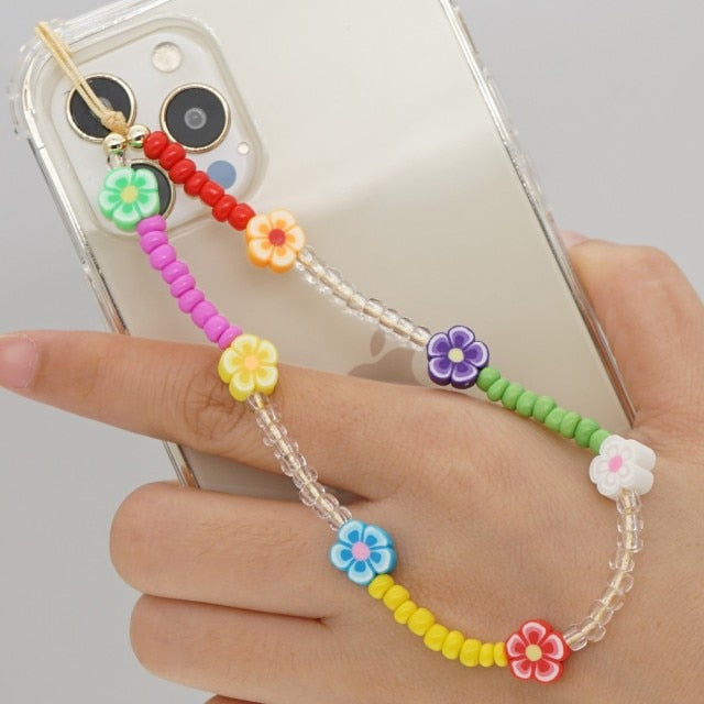 Shinus Phone Chain Lanyard Beads Mobile Phone Heishi Disc Crystal Beaded Cell Phone Chains 2021 LOVE Letter String Wristband
