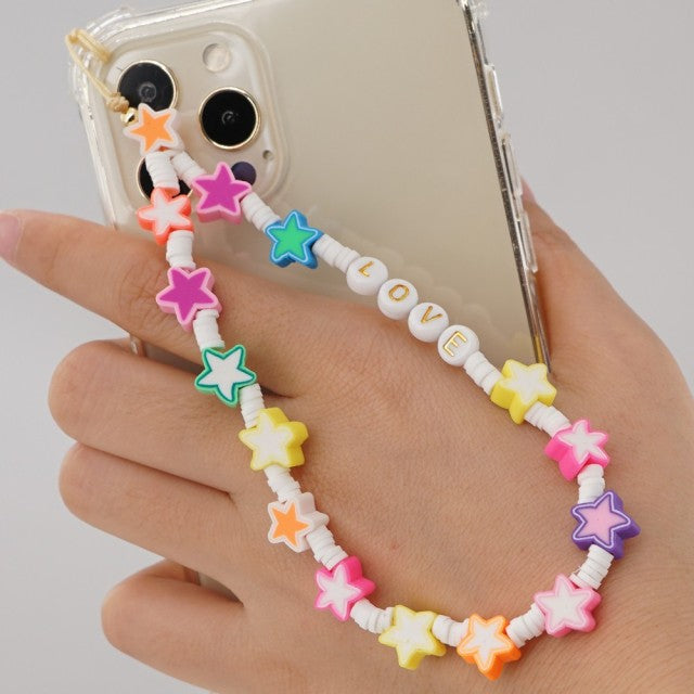 Shinus Phone Chain Lanyard Beads Mobile Phone Heishi Disc Crystal Beaded Cell Phone Chains 2021 LOVE Letter String Wristband