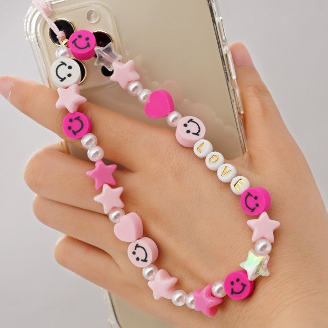 Shinus Phone Chain Lanyard Beads Mobile Phone Heishi Disc Crystal Beaded Cell Phone Chains 2021 LOVE Letter String Wristband