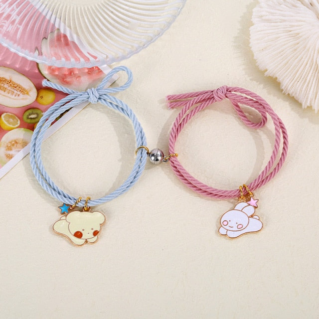QiLuxy 2pcs\Set Cute Cartoon Couple Bracelet Magnet Ball Hand Men and Women Gift Friendship Charms Elastic Rope Jewelry