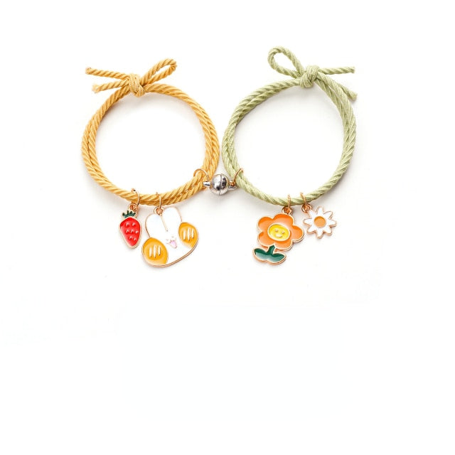 QiLuxy 2pcs\Set Cute Cartoon Couple Bracelet Magnet Ball Hand Men and Women Gift Friendship Charms Elastic Rope Jewelry