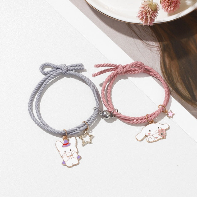 QiLuxy 2pcs\Set Cute Cartoon Couple Bracelet Magnet Ball Hand Men and Women Gift Friendship Charms Elastic Rope Jewelry