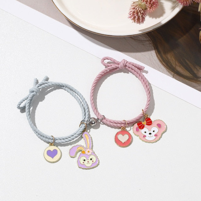 QiLuxy 2pcs\Set Cute Cartoon Couple Bracelet Magnet Ball Hand Men and Women Gift Friendship Charms Elastic Rope Jewelry