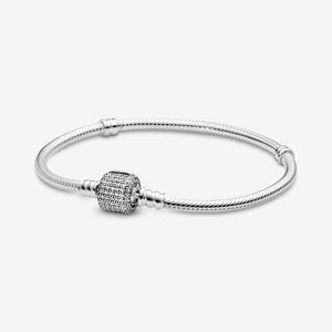 Charms 925 Sterling Solid Silver Bracelet Heart T-Bar Cuff Chain Sparkling Blue Disc Clasp Snake Chain Bracelet Women Jewelry