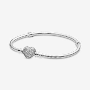 Charms 925 Sterling Solid Silver Bracelet Heart T-Bar Cuff Chain Sparkling Blue Disc Clasp Snake Chain Bracelet Women Jewelry