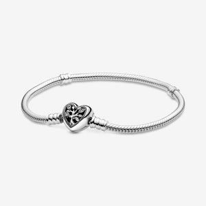 Charms 925 Sterling Solid Silver Bracelet Heart T-Bar Cuff Chain Sparkling Blue Disc Clasp Snake Chain Bracelet Women Jewelry